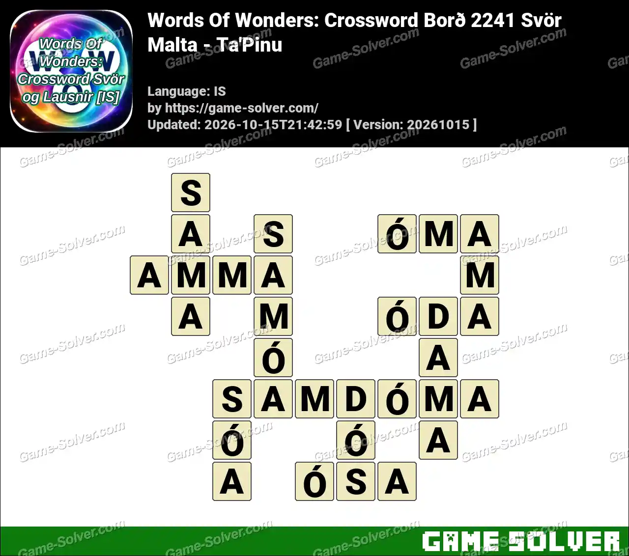 Words Of Wonders: Crossword Borð 2241 Svör – Malta – Ta’Pinu